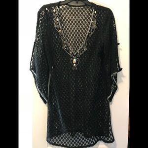 Black swimsuit coverup with beaded embellishments